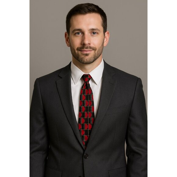 Bergamo New York Hand Made Silk Tie Red Black Geometric Pattern 57” x 4” - Picture 5 of 5